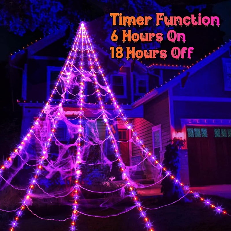 Zivilic Halloween Spider Web Lights 250 LED Lighted Spider Web Giant 16.4Ft Halloween Decorations Light up with 8 Lighting Modes Waterproof & Timer for Outdoor Indoor Yard Haunted House Decor, Purple & Orange - Image 5